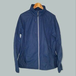 Trimark Men's Jacket Size M Flint Lightweight Hideaway Hood Navy Blue Full Zip